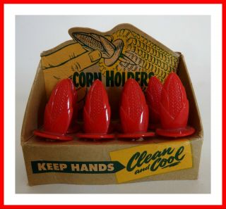 Mid - Century Red Plastic Corn Holders Package Knickerbocker Kitsch X
