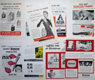 17 X Vintage Trade Adverts Ronson Petrol & Gas Cigarette & Pipe Lighters 1952 - 61