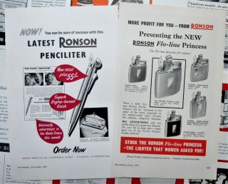 17 x VINTAGE TRADE ADVERTS RONSON PETROL & GAS CIGARETTE & PIPE LIGHTERS 1952 - 61 2