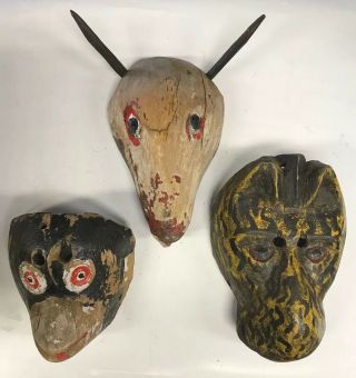 3 Antique African Tribal Animal Masks Hand Carved Wooden Wall Hangings