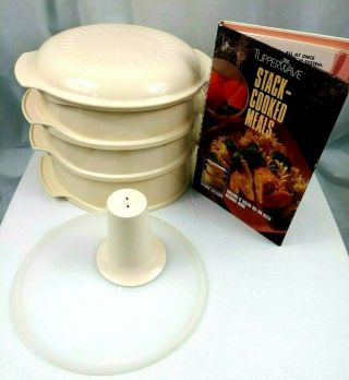 Tupperware 7 Pc Tupperwave Microwave Stack Cooker Cookbook Cone Seal Almond