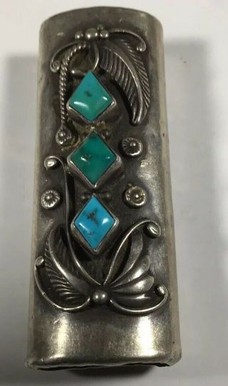 Vintage Sterling Silver And Turquoise “bic” Cigarette Lighter Case.  Navajo Made.