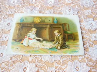 Victorian Christmas Card/de La Rue/children Playing With Bricks/no.  124