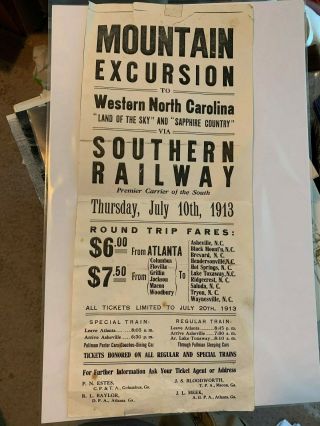 Vint 1913 Southern Railway Timetable Poster For Depot Or Agent Office Atl To Nc
