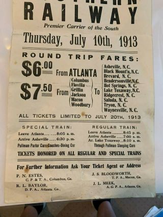 Vint 1913 Southern Railway Timetable Poster for Depot or Agent Office ATL to NC 3