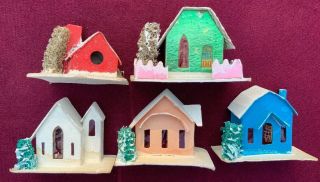 Vtg Japan Cardboard Mica Putz Christmas Village Church Coconut Houses