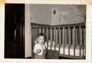 1953 Old Vintage Antique Photograph Little Boy Next To His Crib