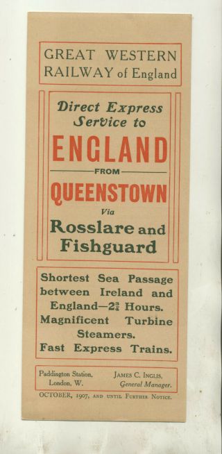 1907 Great Western Railway Of England Queenstown To England Time Table