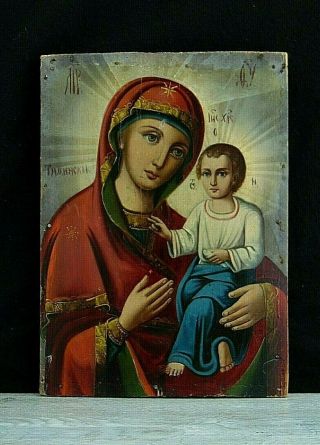 Antique 19th Russian Hand Painted Wooden Orthodox Icon Mother Of God