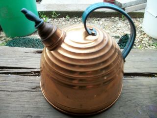 Antique Beehive Copper Tea Kettle Whistling Blue Bird And Blue Handle Ex - Cond.