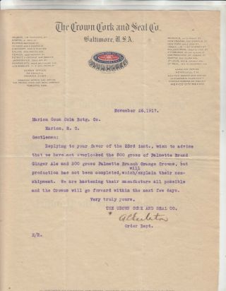 The Crown Cork And Seal Co.  Baltimore Usa.  Letterhead Dated November 26,  1917