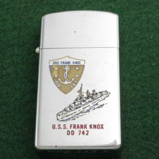 1976 Zippo Slim Lighter - Military Inscribed U.  S.  S.  Frank Knox Dd 742