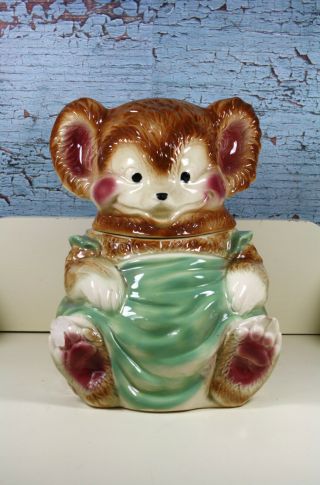 Vintage Usa Brush Mccoy Brown Teddy Bear Green Apron Cookie Jar