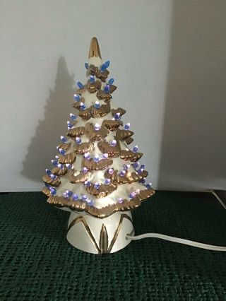 Vintage White Gold Blue 2 Piece Ceramic Christmas Tree 9”