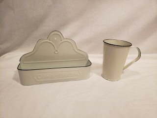Vintage White Tin Enamelware Brush And Comb Wall Hanging Holder W/ Bathroom Cup