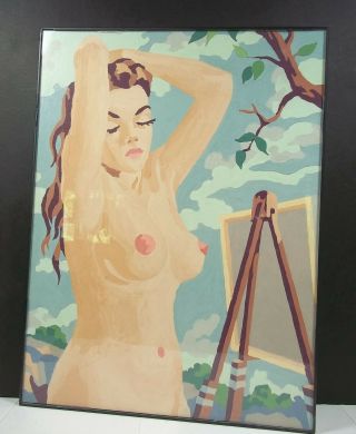 Vintage Aint By Number Nude Oil Painting Pin Up Art Framed Painted Pbn 12x16