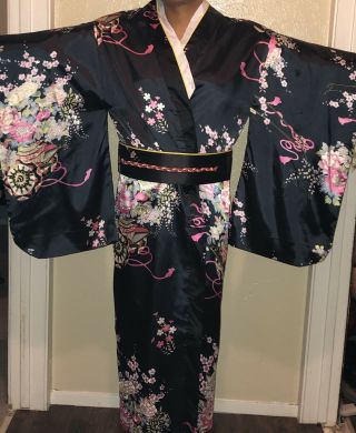 Japanese Kimono Costume Yukata Gown Floral Robe Haori With Obi