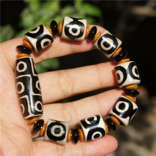 Tibetan Dzi Beads Bracelet Old Agate 9 Eye Totem Amulet Elastic Rope Hand String