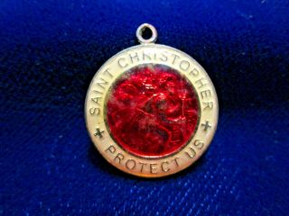 Vintage Enamel St Christopher Medal White Rim Red Center Resin