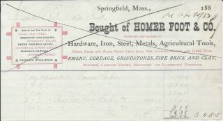 1883 Springfield Ma Homer Foot & Co Hardware/iron/steel/fire Brick/clay Billhead