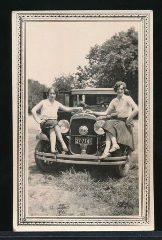 1930 Amateur Glamour Photo Two Pretty Girls On Model A Ford Automobile
