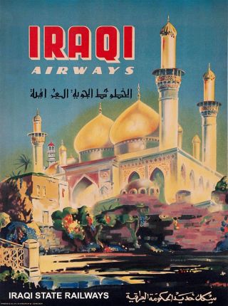 Iraqi Airways Baghdad Iraq Vintage Railroad Airline Travel Advertisement Poster