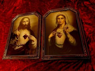 Antique Sacred Heart Of Jesus & Virgin Mary Religious Picture Set Dated 1935