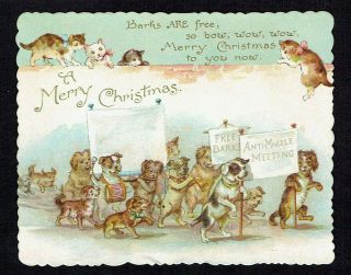 Nister Victorian Christmas Card Cats Anthropomorphic Dogs On Protest March