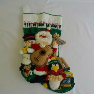 Santa Playing Guitar Finished Handmade Christmas Stocking Felt Dimensional Deer