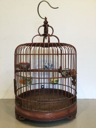 Antique Chinese Bamboo Bird Cage 5 Famille Rose Noir Porcelain Feeders,  Charms