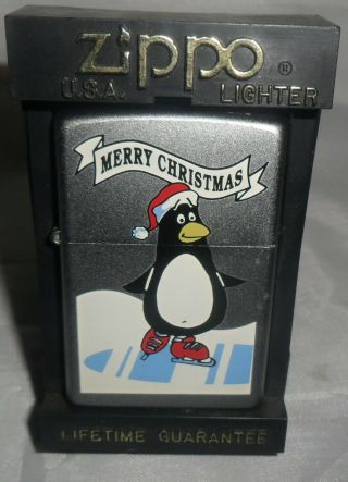 Unfired Zippo Lighter,  Dated 2001 Merry Christmas Penguin