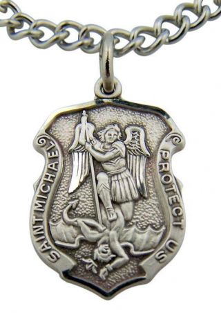 Saint St Michael Slaying Dragon Protect Us Medal 13/16 " Sterling Silver Pendant