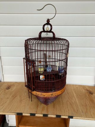 Vintage Chinese Hand Carved Bamboo Wooden Bird Cage W/ 4 Porcelain Dishes