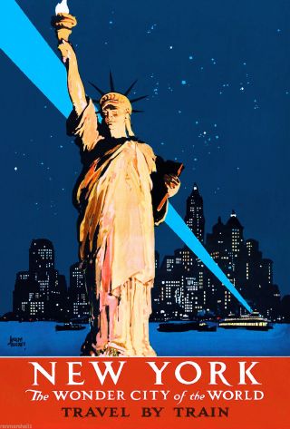York City Statue Of Liberty By Train U.  S.  Travel Advertisement Art Poster