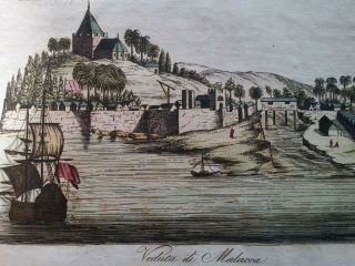1820s Hand Colored Copper Engraving Print View Of Malacca