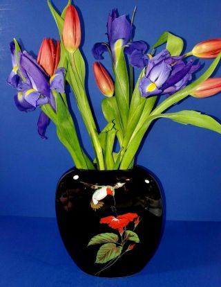 Hand Painted Ceramic Vase With Gorgeous Hummingbird And Flower Asian Design - Fl
