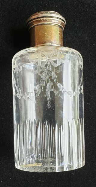 Antique Etched Perfume Bottle,  With Silver Top,  Hallmarked,  B Keller