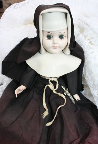 Vintage 12 " Nun Doll W/ Sleep Eyes,  Crucifix,  Clothes,  Hard Plastic