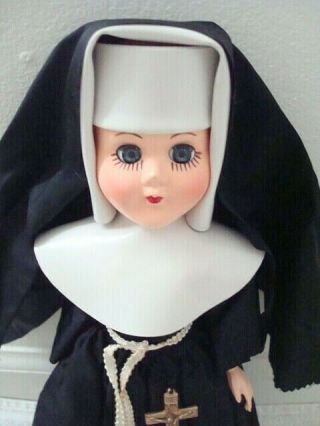 Vintage Nun Doll Black Habit Crucifix Attached / Sleepy Eyes 12 "