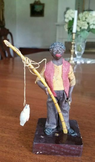Antique Black Americana Vargas Young Black Man Fishing Wax Figurine Orlean