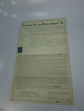 Antique 1870 Springfield Fire Marine Insurance Co Policy Vintage 30145 Ma