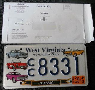 West Virginia Classic Car License Plate Corvette,  Mustang,  Challenger & Gto