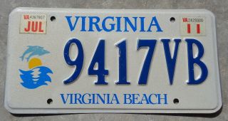 Virginia 2011 Virginia Beach Dolphins License Plate 9417
