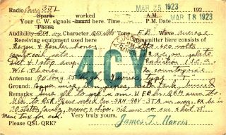 4cy James T,  Morris Atlanta,  Ga 1923 W/ Stamp Vintage Ham Radio Qsl Card