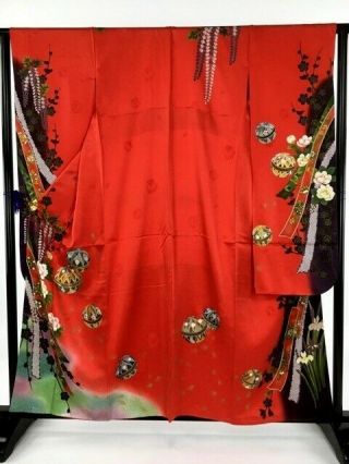Japanese Kimono Silk " Furisode " Long Sleeves,  Temari,  Embroidery,  L 62.  2 ".  650
