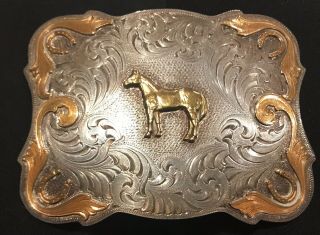 Vintage Montana Silversmiths Standing Horse Belt Buckle Silver Gold