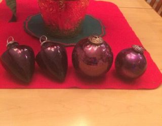 4 Large Heavy Dark Purple Glass Crackle Christmas Kugel? Like Ornaments Set