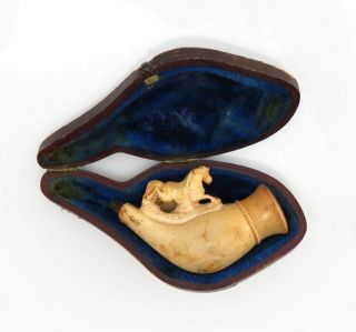 Antique 19th Century Hand Carved Dog & Horse Meerschaum Pipe W/ Case
