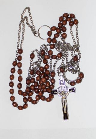 Franciscan Crown Rosary 7 Decade Wood Beads On Chain Handmade,  Gift Holy Card