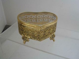 Vintage Stylebuilt Gold Tone Flowers Beveled Glass Jewelry Heart Footed Box